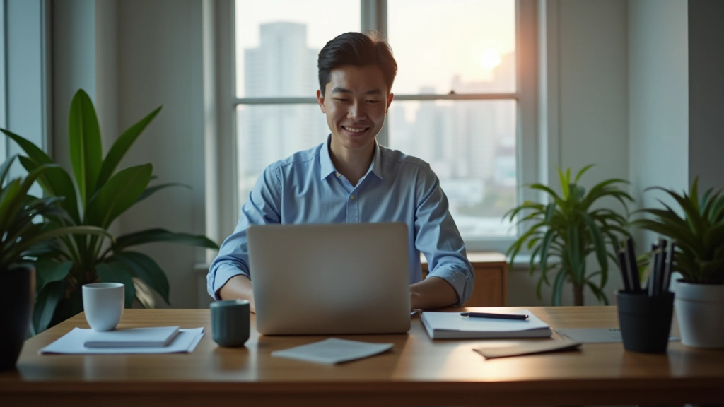 Person at desk setting boundaries between work laptop and personal space with clear physical separation