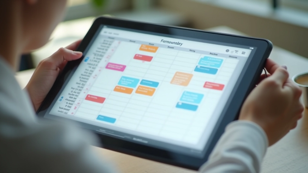 Calendar application showing structured time blocks with specific colors for different meeting types and focused work periods
