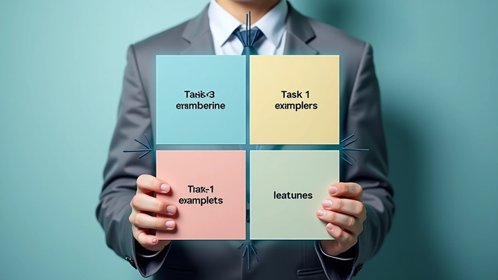 Four-quadrant matrix showing urgent/important axes with example tasks in each zone