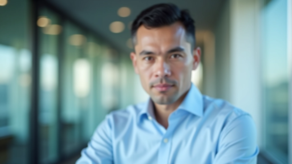 Professional man in business shirt, upper body shot, focused expression, contemporary workspace