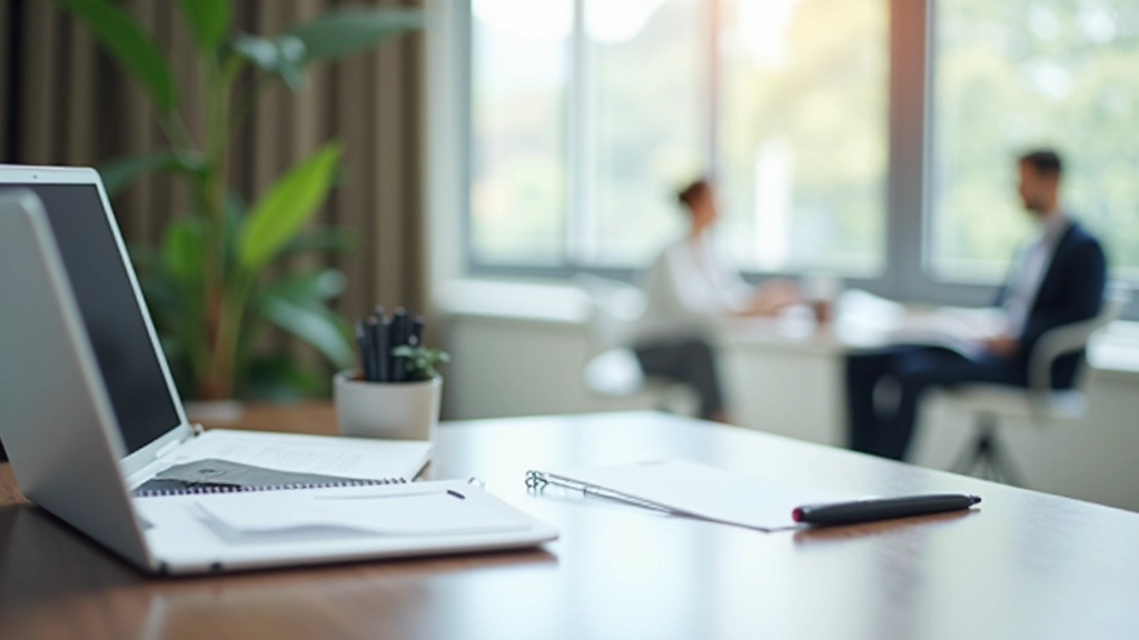 Professional workspace with organized desk, morning light streaming through windows, calendar and planner visible