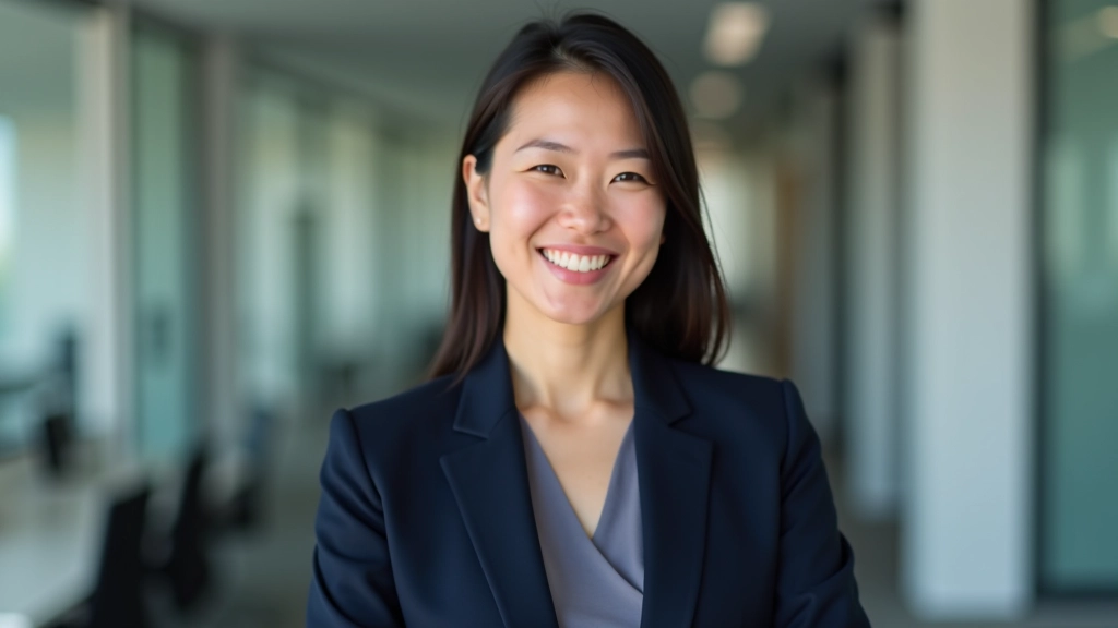 Professional woman in business attire, portrait from chest up, confident expression, modern office setting