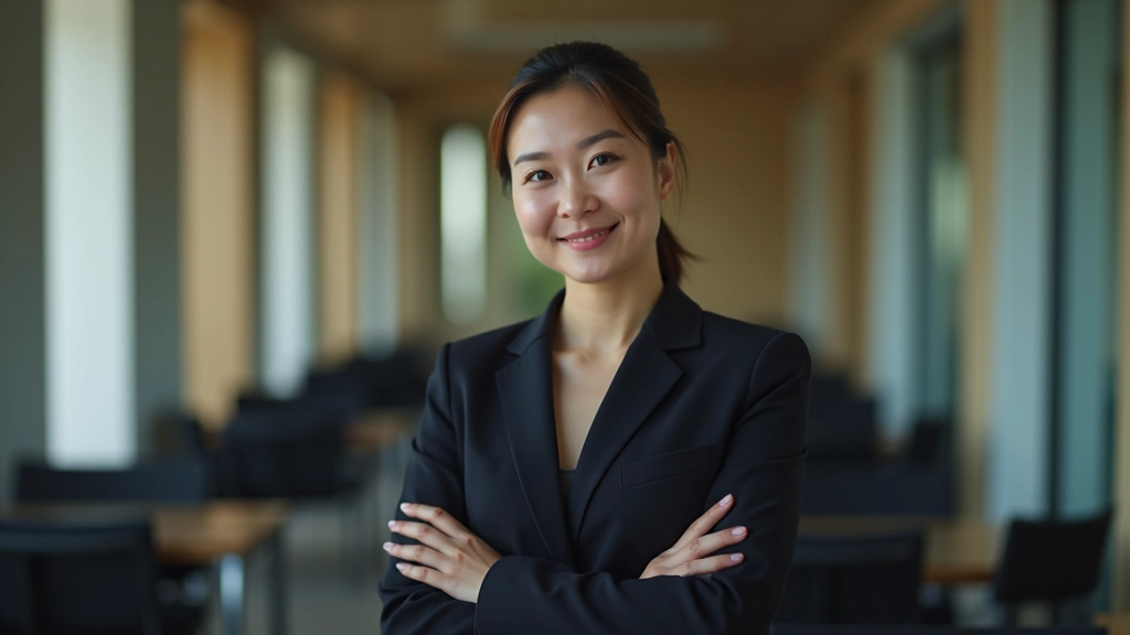 Professional woman with arms crossed, confident pose, business casual attire, modern setting