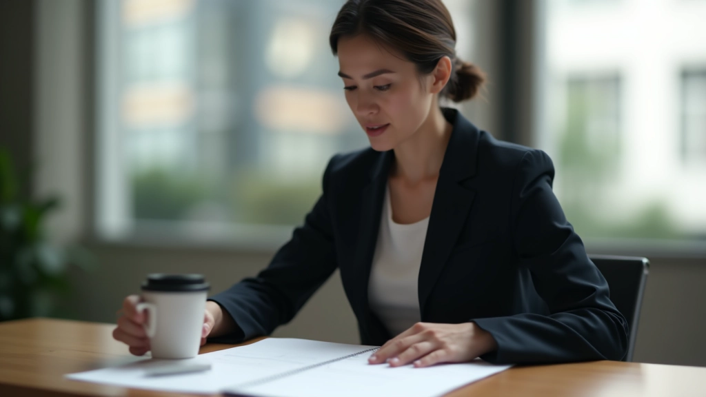 Professional woman at wooden desk reviewing weekly calendar plan on paper notebook with pen and coffee