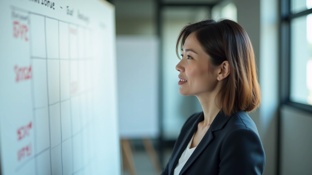 Team collaboration meeting with professionals discussing project timeline on whiteboard, productive working environment