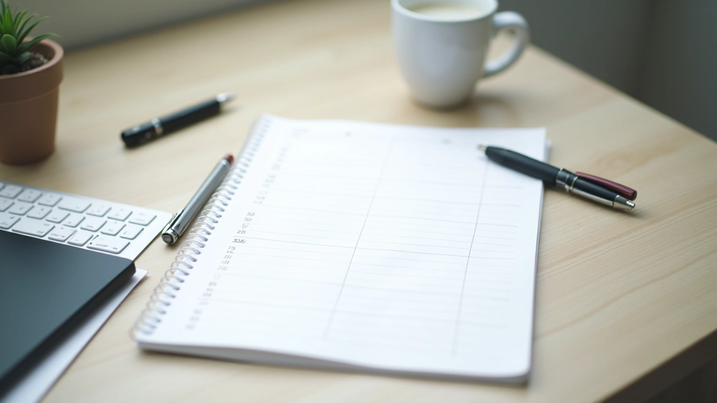 Person planning weekly schedule with notebook and calendar, organized desk setup, natural morning light