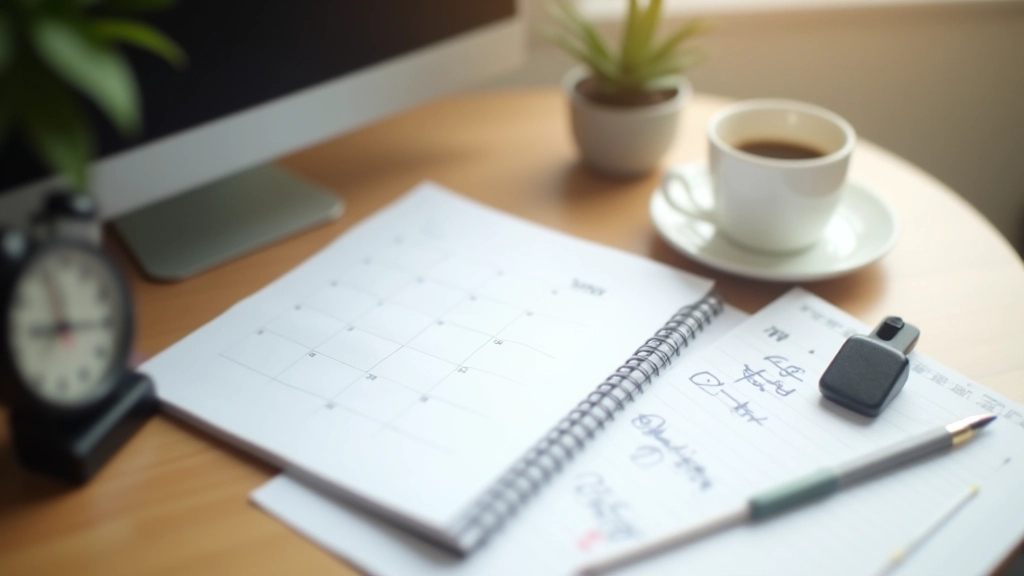 Organized desk with calendar, notebook, and time management tools arranged strategically